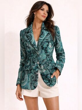 Velvet Paisley Dagger Collar Blazer Statement Textured Teal Sz M